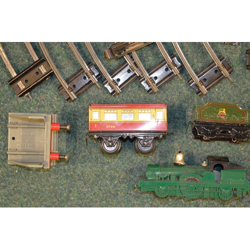 755A - Collection of vintage Meccano 0 Gage railway track, a set of Hornby Meccano buffers, a carriage, a s... 