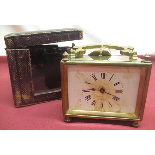 103 - Early C20th French brass cased carriage time piece, rectangular case on bun feet, 8 day movement, st... 