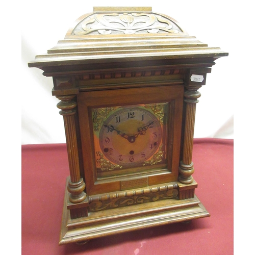 146 - Edwardian Art Nouveau design walnut cased mantel clock, top with relief carved decoration, glazed do... 