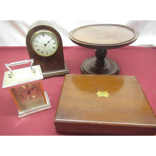 78 - Edwardian herringbone and boxwood inlaid mahogany time piece on brass ball feet, French 8 day moveme... 