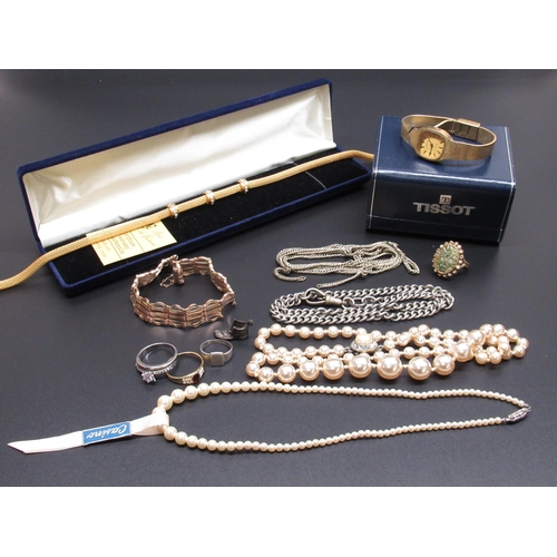 17 - Costume jewellery including a 24ct gold plated necklace, two simulated pearl necklaces, a ladies Tis... 