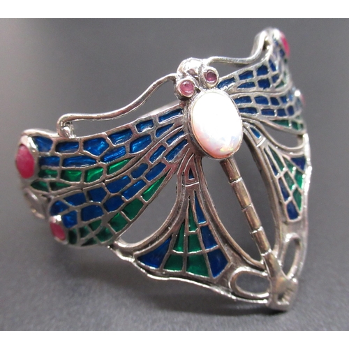 7 - Sterling silver Art Nouveau style plique a jour cuff bangle in the form of a butterfly, set with cen... 