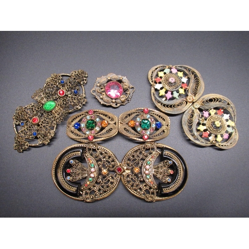 22 - Collection of early C20th and later belt buckles and brooches  including a cloisonné blue floral buc... 