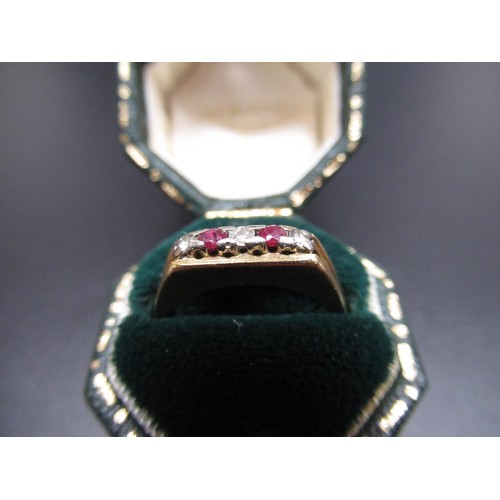28 - 9ct yellow gold ring set with three diamonds and two rubies, stamped 9ct, size K, a 9ct yellow gold ... 