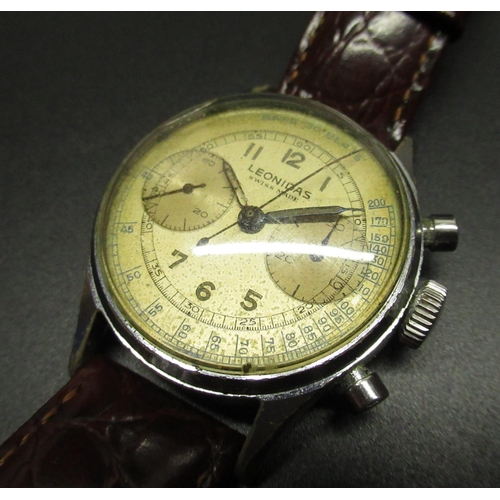 132 - Late 1940's Leonidas chrome cased hand wound chronograph wristwatch. signed silvered dial with two s... 