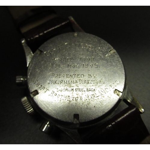 132 - Late 1940's Leonidas chrome cased hand wound chronograph wristwatch. signed silvered dial with two s... 