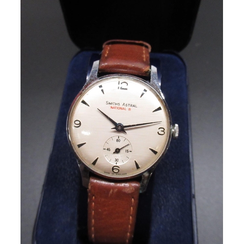 94 - Smiths Astral National 15 hand wound wrist watch, silvered dial with applied arabic and losenge hour... 