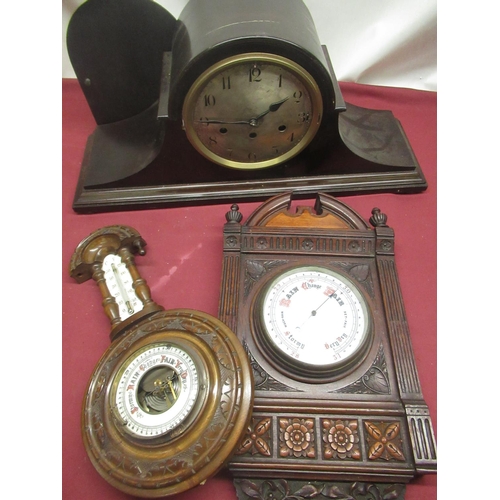 202 - Early C20th Aesthetic Movement inspired walnut cased aneroid barometer with break arch top, geometri... 