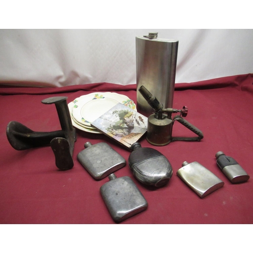 171 - Optimus No. 305 brass blow lamp, cobblers last, C19th hip flask, pewter hip flasks, set of three Roy... 