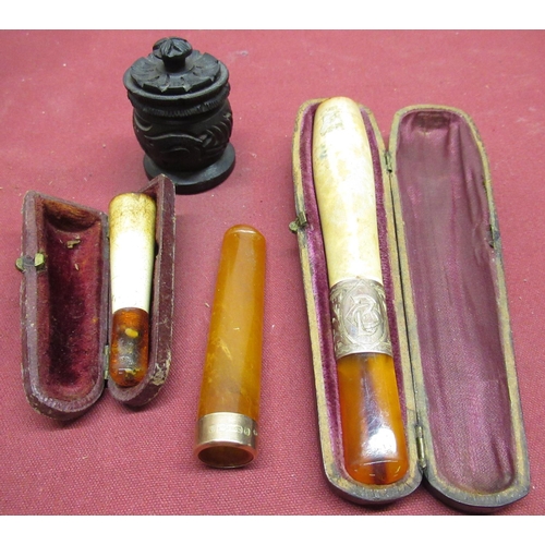 178 - Cased early C20th Meerschaum cheroot holder, amber mouthpiece and silver mount, Edwardian amber cher... 