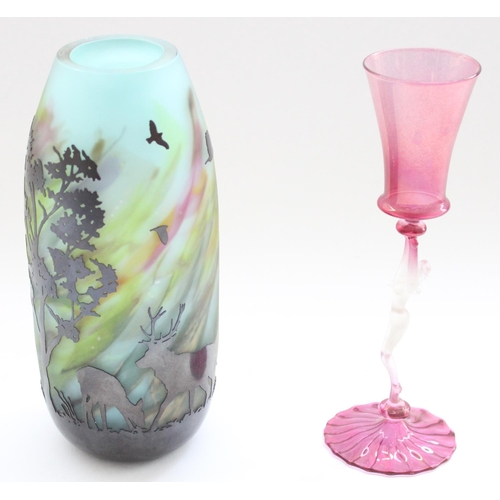 833 - Joye Colbeck Cameo art glass vase, ltd ed. no 1 of 10, H19cm, and a small Murano Venetian figural st... 