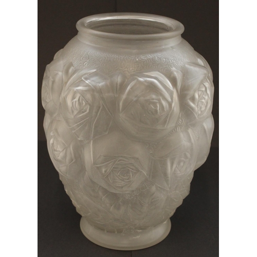 838 - Art Deco style frosted glass vase, relief moulded to body with rose and leaf design, H24cm