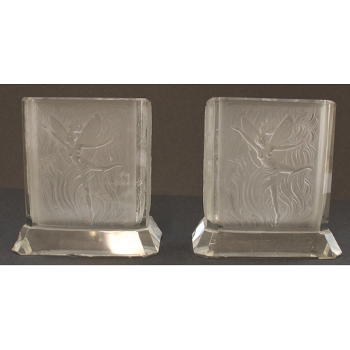 839 - Pair of c.1930's Bohemian frosted glass spill vases, relief moulded with fairies in the garden desig... 