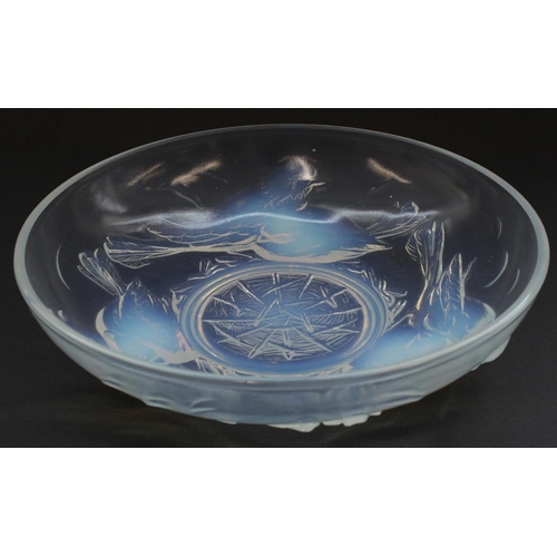 840 - 1930's Ezan French opalescent glass bowl, relief moulded in a nesting birds design, W25cm