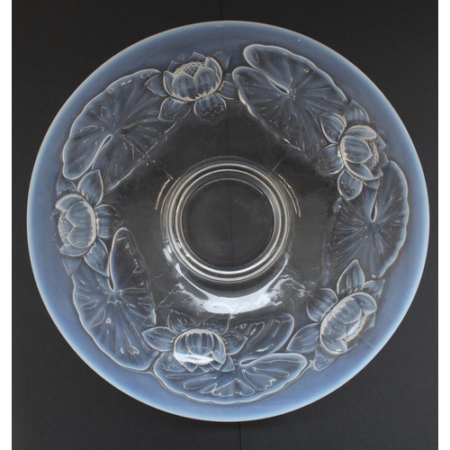 841 - French Opalescent large pedestal dish in a relief moulded lilypad design, probably by Barolac, W34cm