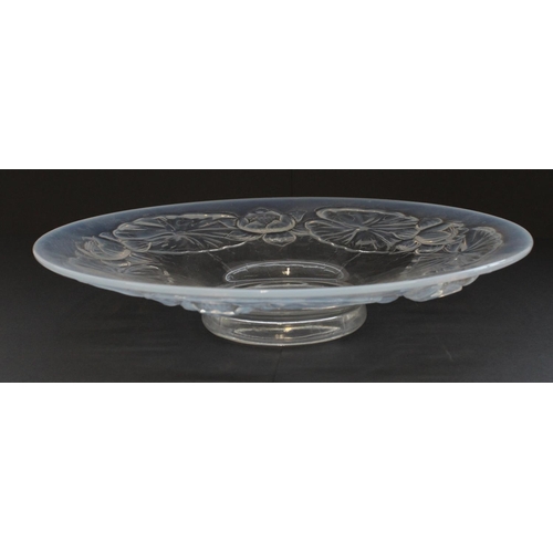 841 - French Opalescent large pedestal dish in a relief moulded lilypad design, probably by Barolac, W34cm