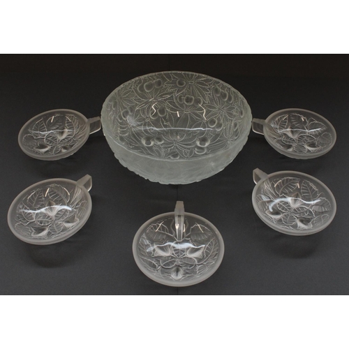 843 - Unmarked French frosted glass bowl relief moulded in a cherries design, five French frosted glass di... 