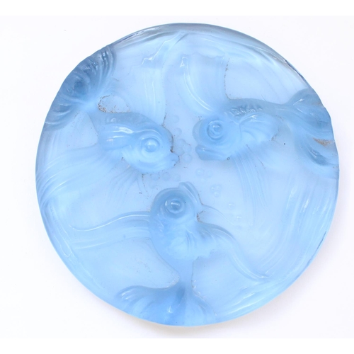 852 - c.1930's Verlys French blue glass plaque or paperweight relief moulded with fish, W12cm