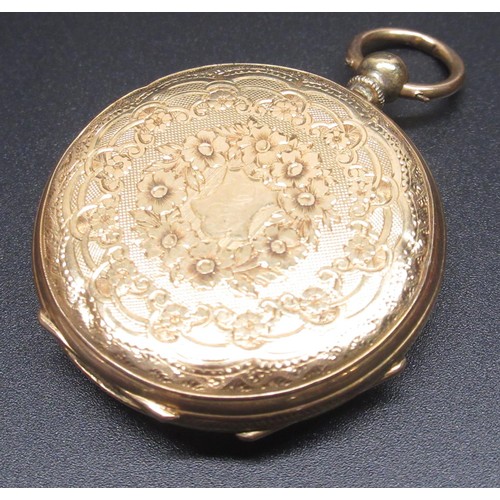 86 - C19th swiss ladies 18ct gold cased key wound and set fob watch, gold coloured Roman engraved dial se... 