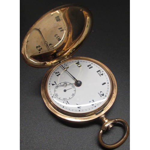 87 - Late C19th/early C20th swiss 14ct gold keyless hunter pocket watch.  White enamel dial with roman nu... 