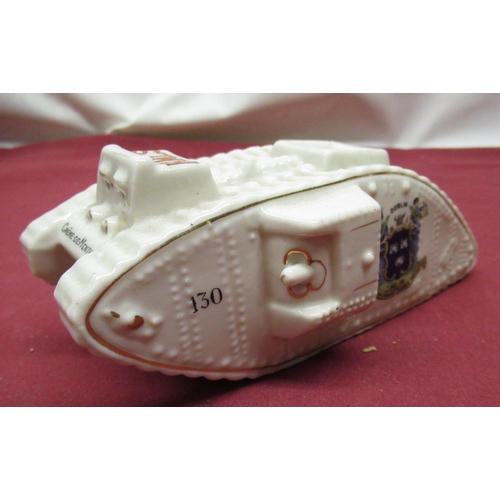 317 - C20th Carlton china souvenir crested ware model of a Mark 1 tank with Dublin crest, C19th purple lus... 