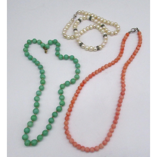 26 - Jade bead necklace, a coral bead necklace and a pearl necklace (3)
