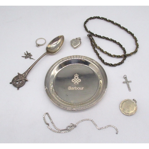 57 - Hallmarked silver Barbour trinket dish, a Northamptonshire County Golf Club silver teaspoon, a silve... 