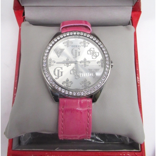 63 - WITHDRAWN - Guess ladies's wristwatch, chrome dial with diamanté bezel on pink leather strap, new wi... 