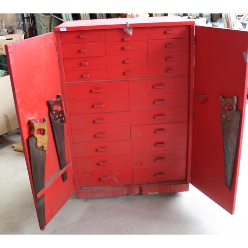 1212 - Large joiner built woodworkers toolbox on wheels, approx H138cm - DOES NOT INCLUDE TOOLS