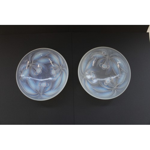 850 - Pair of c.1930's G. Vallon French opalescent glass vases relief moulded with cherries and leaf desig... 