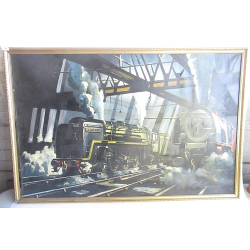 234 - Syd Little Collection - Extremely large oil on board Cuneo style painting of steam engines in statio... 