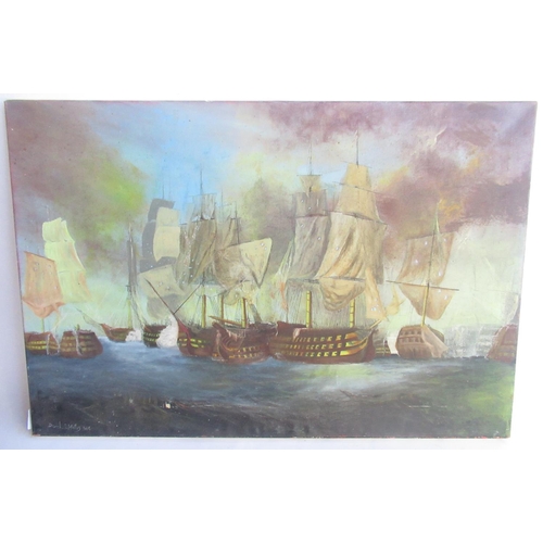 235 - Syd Little Collection - Unframed oil on canvas of naval battle, signed Derek Molloy 1981 62 x 92 cm