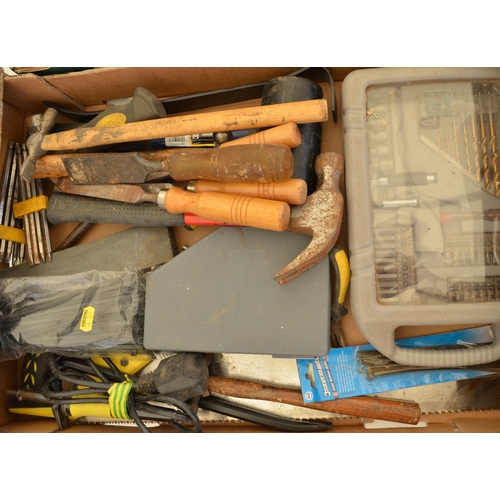 1204 - Large collection of hand tools and accessories including saws, hammers, ratchet spanner set, drill b... 