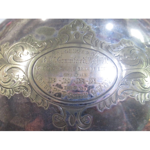 104 - Late Victorian silver plated breakfast warming dish with revolving lid, lined interior, cartouche be... 