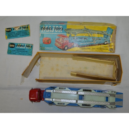 886 - Boxed vintage Corgi Toys carrimore car transporter with Bedford tractor unit with glideomatic spring... 