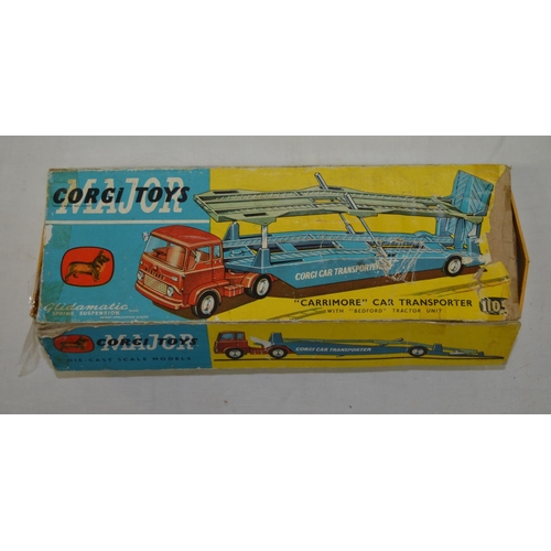 886 - Boxed vintage Corgi Toys carrimore car transporter with Bedford tractor unit with glideomatic spring... 