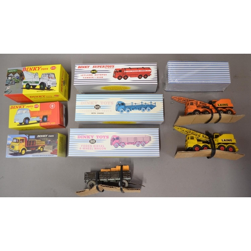 888 - Seven boxed modern Dinky/Atlas Editions die-cast vehicles, 2 vintage Matchbox Scammell mobile cranes... 