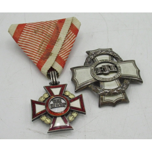 124 - Austria Hungary enamel Merit Cross medal and similar enamel and white metal Civil Merit Cross breast... 