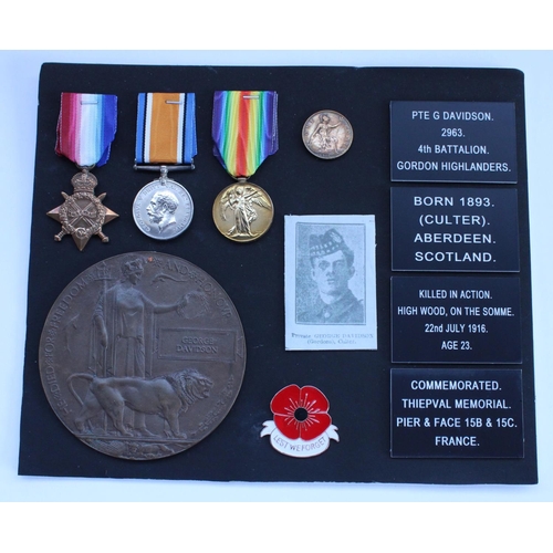 1 - Presentation frame for 2963 Pte. G. Davidson, 4th Bn. Gordon Highlanders, KIA on the Somme 22nd July... 