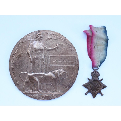 11 - WWI 1914-1915 star and death penny awarded 3747 Pte. J. Roper Lancashire Fusiliers. Pte. Roper Was K... 