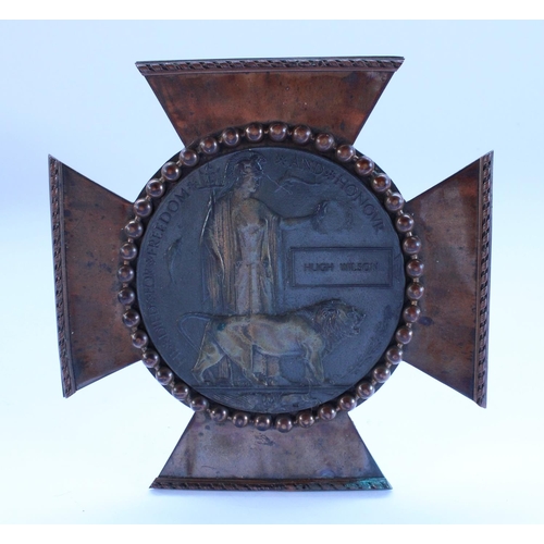 15 - WWI death penny in bronze cut frame awarded to Hugh Wilson