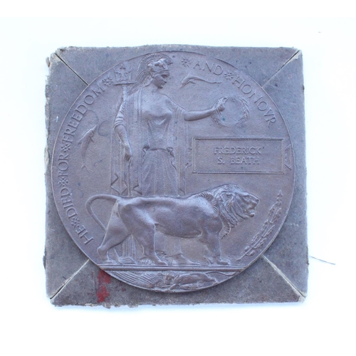 21 - WWI death penny awarded to Frederick S Beath
