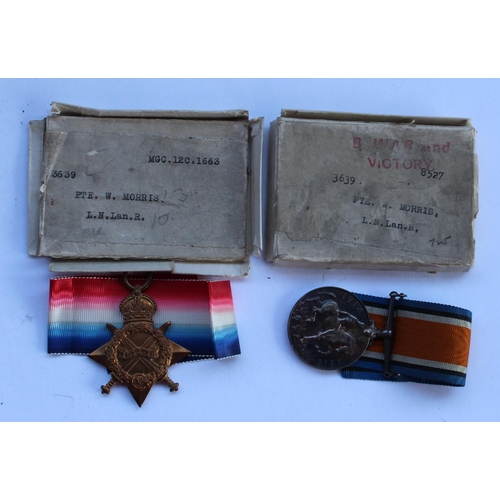36 - 1914 Star, British War medal 1914 - 1920, awarded to 3639 Pte. W. Morris of the Lancashire regiment,... 