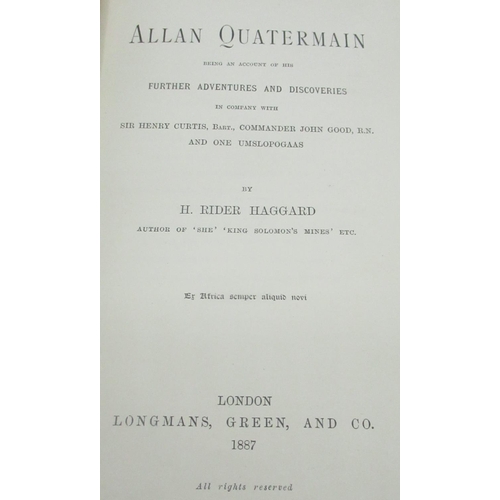 1021 - Haggard(H.Rider), Allan Quatermain, Longmans Green and Co., 1887, rebound half leather binding, 5 ra... 
