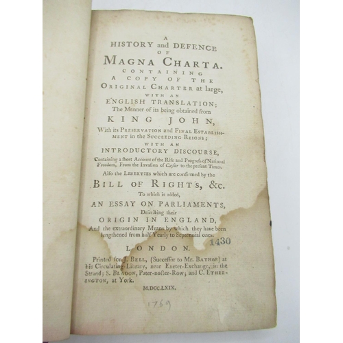 1049 - A History and Defence of Magna Charta, Printed for J.Bell, 1769, rebound full leather binding, 5 rai... 