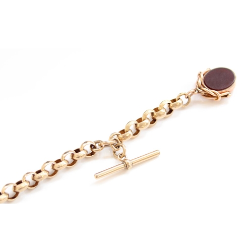328 - Early C20th 9ct gold and yellow metal watch Albert chain with hallmarked T-Bar and swivel hardstone ... 