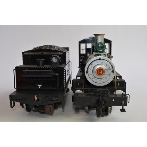 666 - A modified Bachmann G-gauge 4-6-0 with LGB tender. Re-painted in areas, wooden sidewalks and cab add... 