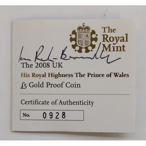 252 - Royal Mint 2008 His Royal Highness the Prince of Wales £5 Gold Proof Coin encapsulated in original b... 