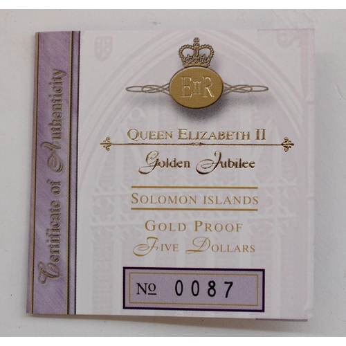 255 - Royal Mint 2002 Solomon Islands ERII Golden Jubilee Gold Proof $5, in original box with cert.