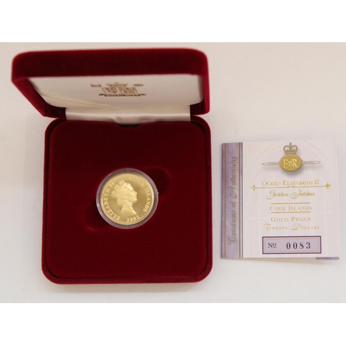 257 - Royal Mint 2002 Cook Islands ERII Golden Jubilee Gold Proof $20 coin, encapsulated with original box... 